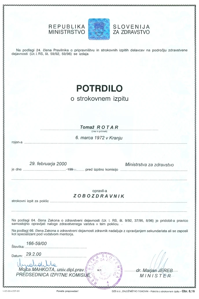 Diploma ali potrdilo – Dr. Tomaž Rotar