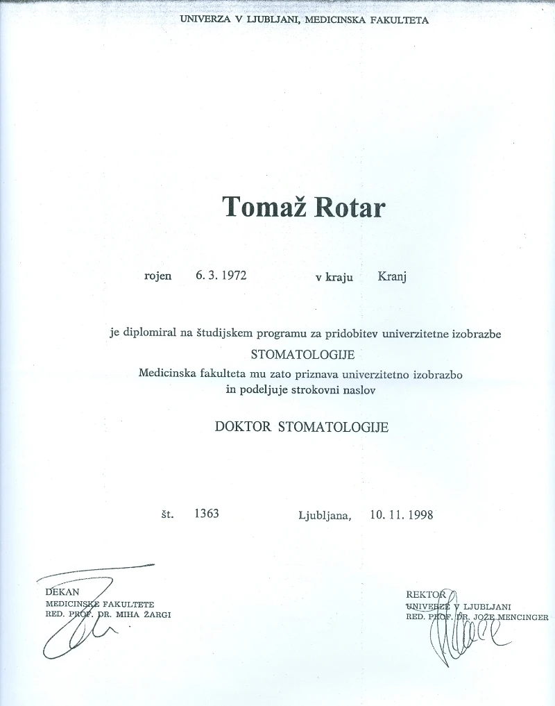 Diploma ali potrdilo – Dr. Tomaž Rotar